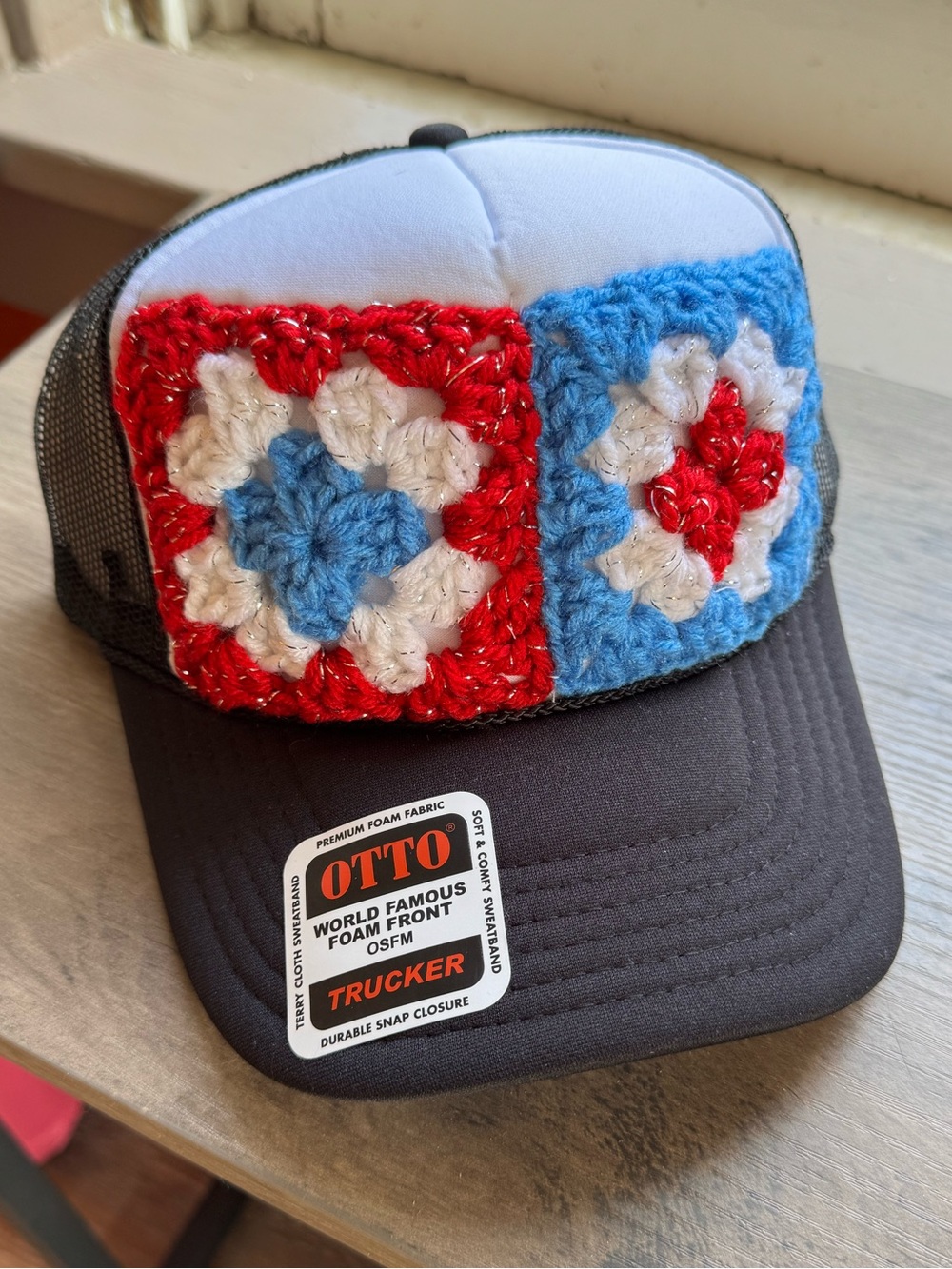 OTTO Trucker Hat with Handmade Crochet Granny Square Patch NWT
